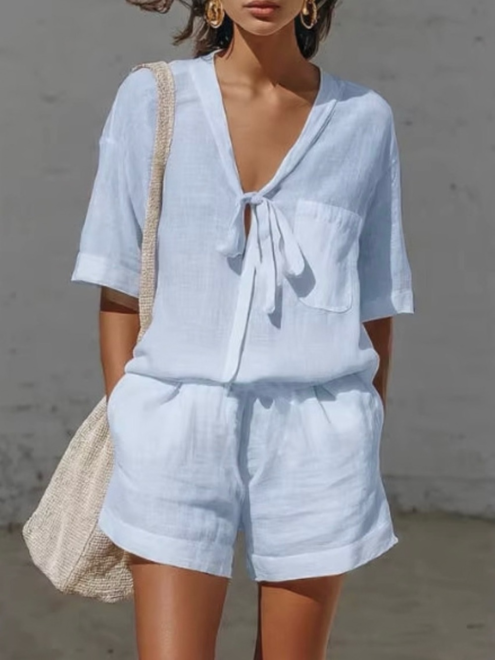 My Story Light Blue Tie-Front Linen Top & Shorts Set